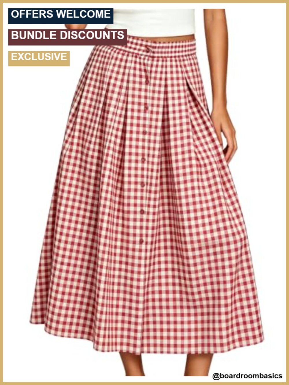 Women's Gingham Pleated Midi Skirt A-Line Cotton Polyester High Waist with